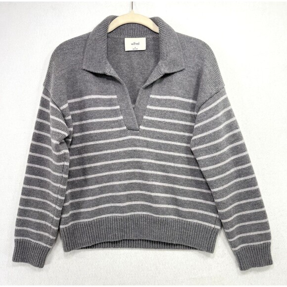 Aritzia Wilfred Sweater Women M Gray Cypriot Striped Wool Polo V-Neck Pullover - Picture 1 of 12